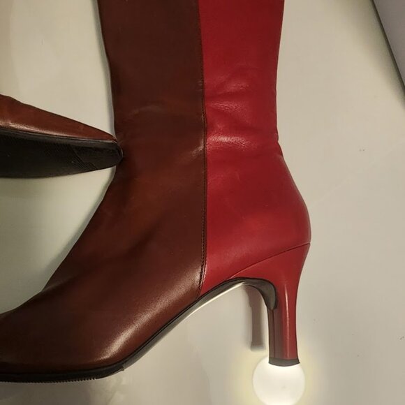 Salvatore Ferragamo Two-Tone Red & Brown Leather Heeled Boots - Picture 5 of 7